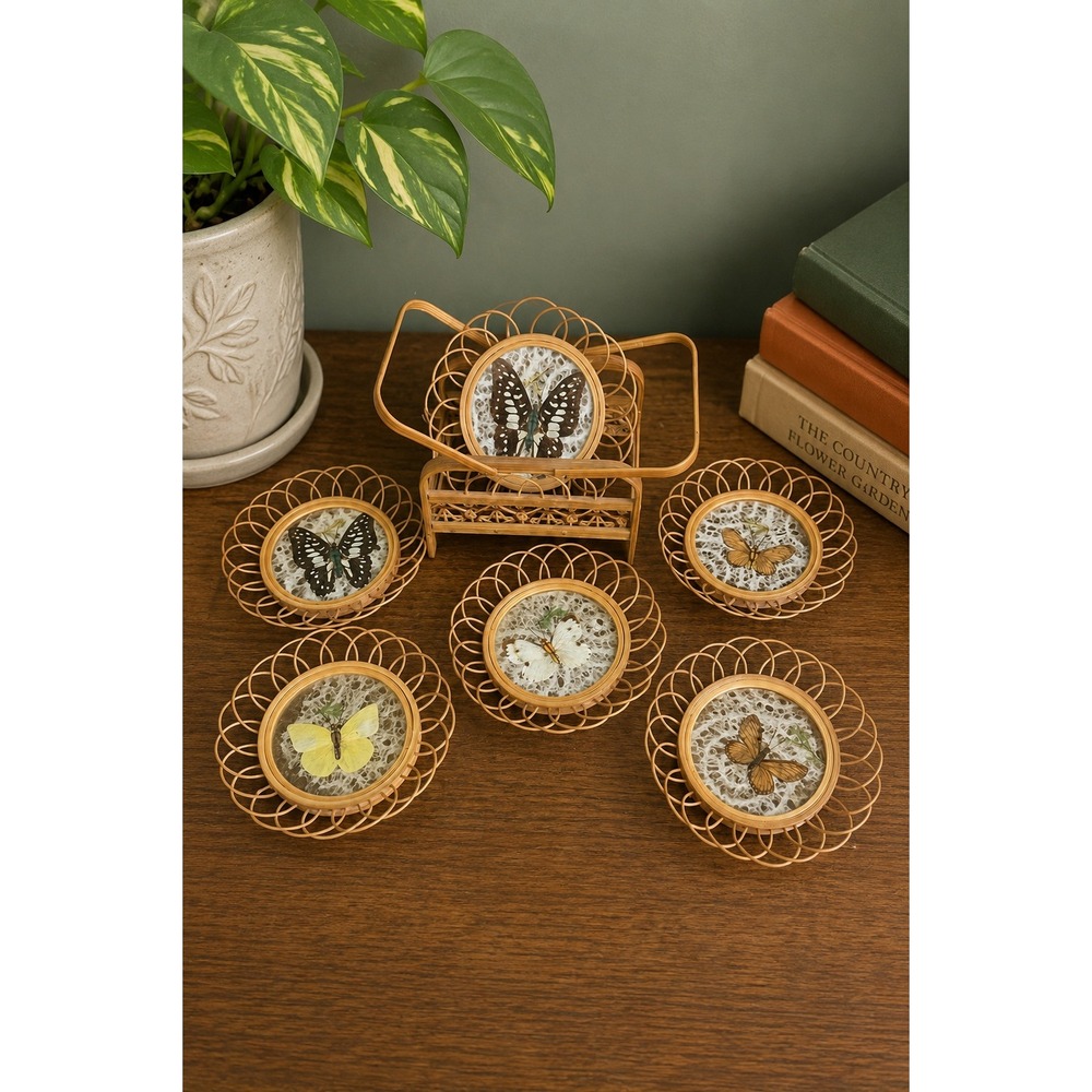 Vintage Butterfly Rattan Coasters Set of 6 Wicker Caddy Boho Cottagecore 1970s